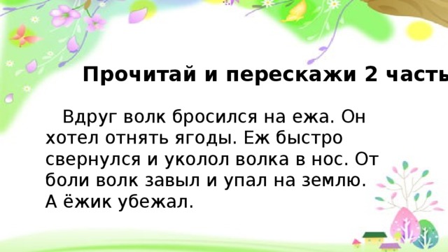 Прочитай и перескажи 2 часть.  Вдруг волк бросился на ежа. Он хотел отнять ягоды. Еж быстро свернулся и уколол волка в нос. От боли волк завыл и упал на землю. А ёжик убежал.