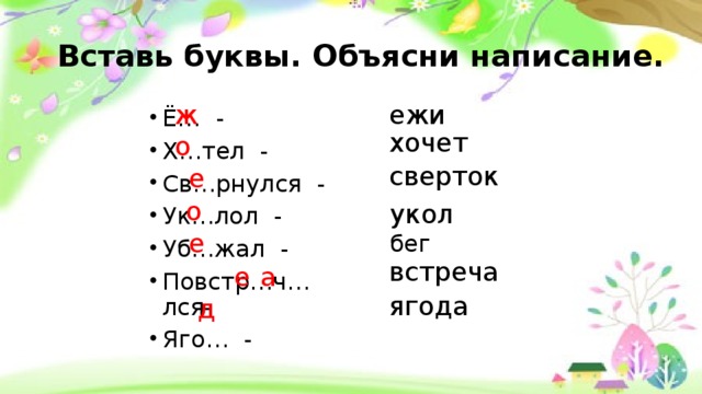 Вставь буквы. Объясни написание. ежи ж Ё… - Х…тел - Св…рнулся - Ук…лол - Уб…жал - Повстр…ч…лся- Яго… - хочет о сверток е о укол е бег встреча е а ягода д