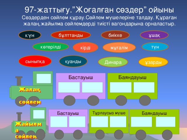 97-жаттығу.”Жоғалған сөздер” ойыны Сөздерден сөйлем құрау.Сөйлем мүшелеріне талдау. Құраған жалаң,жайылма сөйлемдерді тиісті вагондарына орналастыр. күн биікке ұшақ бұлттанды түн кірді мұғалім көтерілді қуанды сыныпқа Динара ұзарды Бастауыш Баяндауыш Жалаң  сөйлем Бастауыш Тұрлаусыз мүше Баяндауыш Жайылма сөйлем