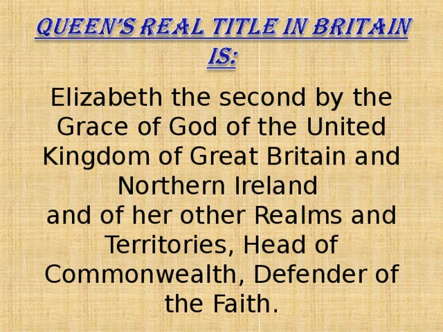 Elizabeth the second by the Grace of God of the United Kingdom of Great Britain and Northern Ireland  and of her other Realms and Territories, Head of Commonwealth, Defender of the Faith.