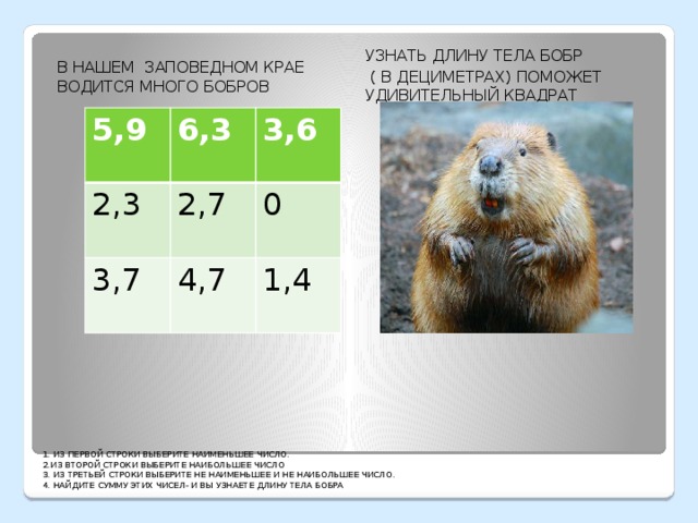 В НАШЕМ ЗАПОВЕДНОМ КРАЕ ВОДИТСЯ МНОГО БОБРОВ УЗНАТЬ ДЛИНУ ТЕЛА БОБР  ( В ДЕЦИМЕТРАХ) ПОМОЖЕТ УДИВИТЕЛЬНЫЙ КВАДРАТ 5,9 6,3 2,3 3,6 2,7 3,7 0 4,7 1,4           1. ИЗ ПЕРВОЙ СТРОКИ ВЫБЕРИТЕ НАИМЕНЬШЕЕ ЧИСЛО.  2.ИЗ ВТОРОЙ СТРОКИ ВЫБЕРИТЕ НАИБОЛЬШЕЕ ЧИСЛО  3. ИЗ ТРЕТЬЕЙ СТРОКИ ВЫБЕРИТЕ НЕ НАИМЕНЬШЕЕ И НЕ НАИБОЛЬШЕЕ ЧИСЛО.  4. НАЙДИТЕ СУММУ ЭТИХ ЧИСЕЛ- И ВЫ УЗНАЕТЕ ДЛИНУ ТЕЛА БОБРА