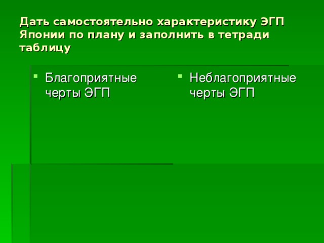 Дать самостоятельно характеристику ЭГП Японии по плану и заполнить в тетради таблицу