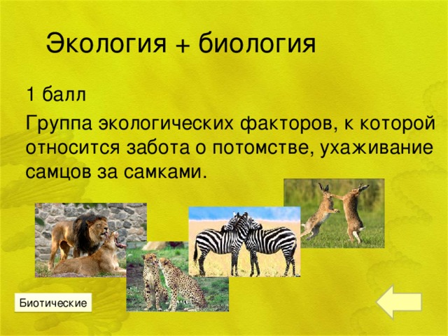 Экология + биология 1 балл Группа экологических факторов, к которой относится забота о потомстве, ухаживание самцов за самками. Биотические