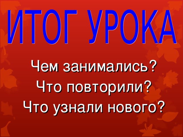 Чем занимались? Что повторили? Что узнали нового?