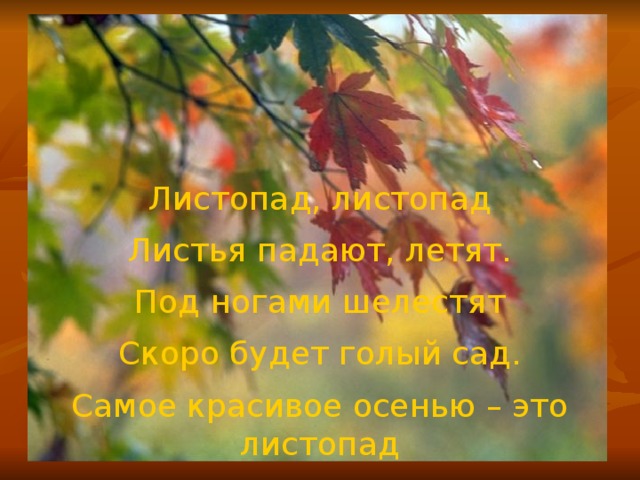 Листопад, листопад Листья падают, летят. Под ногами шелестят Скоро будет голый сад. Самое красивое осенью – это листопад