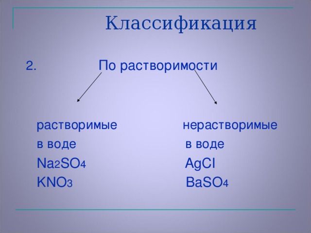 Классификация  2.  По растворимости  растворимые нерастворимые  в воде в воде  Na 2 SO 4 AgCI  KNO 3 BaSO 4