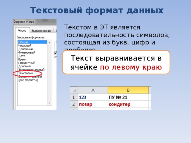 Текстовый формат данных Текстом в ЭТ является последовательность символов, состоящая из букв, цифр и пробелов. Текст выравнивается в ячейке по левому краю