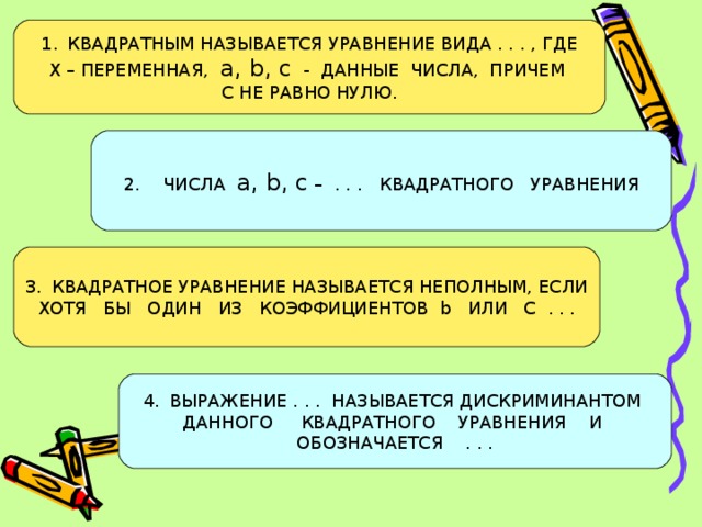 КВАДРАТНЫМ НАЗЫВАЕТСЯ УРАВНЕНИЕ ВИДА . . . , ГДЕ Х – ПЕРЕМЕННАЯ,  a, b, c  - ДАННЫЕ ЧИСЛА, ПРИЧЕМ С НЕ РАВНО НУЛЮ. 2. ЧИСЛА a, b, c  – . . . КВАДРАТНОГО УРАВНЕНИЯ КВАДРАТНОЕ УРАВНЕНИЕ НАЗЫВАЕТСЯ НЕПОЛНЫМ, ЕСЛИ ХОТЯ БЫ ОДИН ИЗ КОЭФФИЦИЕНТОВ b ИЛИ С . . . ВЫРАЖЕНИЕ . . . НАЗЫВАЕТСЯ ДИСКРИМИНАНТОМ