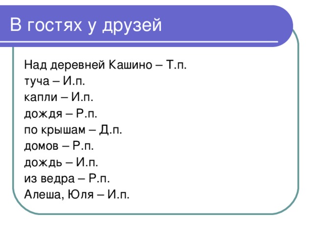 Над деревней Кашино – Т.п. туча – И.п. капли – И.п. дождя – Р.п. по крышам – Д.п. домов – Р.п. дождь – И.п. из ведра – Р.п. Алеша, Юля – И.п.