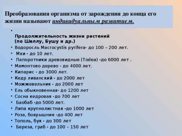 Преобразования организма от зарождения до конца его жизни называют индивидуальным развитием.