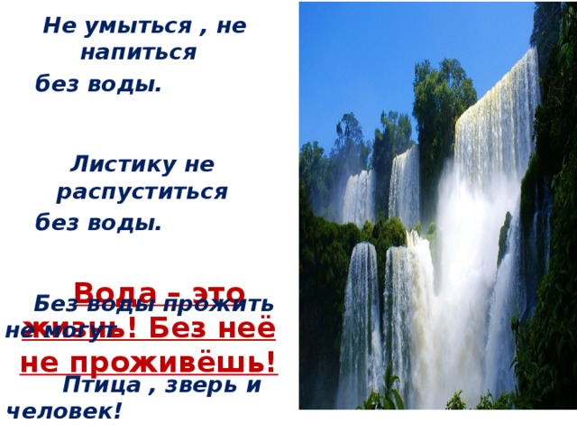 Не умыться , не напиться  без воды. Листику не распуститься  без воды. Без воды прожить не могут Птица , зверь и человек! И поэтому всегда Всем везде нужна вода!  Вода – это жизнь! Без неё не проживёшь!