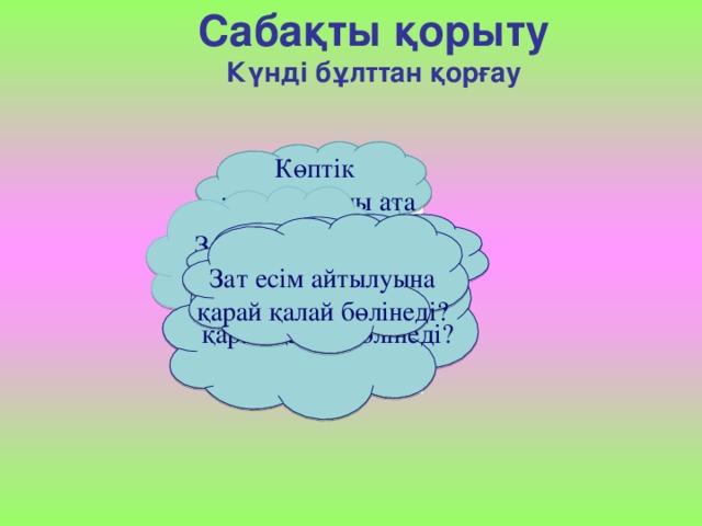 Сабақты қорыту  Күнді бұлттан қорғау Көптік жалғауларды ата Зат есімнің көпшетүрі дегеніміз не? Зат есімнің жекеше түрі дегеніміз не? Зат есім айтылуына қарай қалай бөлінеді? Зат есім мағынасына қарай қалай бөлінеді?