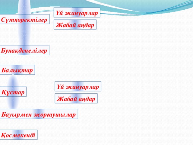 Үй жануарлар Сүтқоректілер Жабай аңдар Бунақденелілер Балықтар Үй жануарлар Құстар Жабай аңдар Бауырмен жорғаушылар Қосмекенді