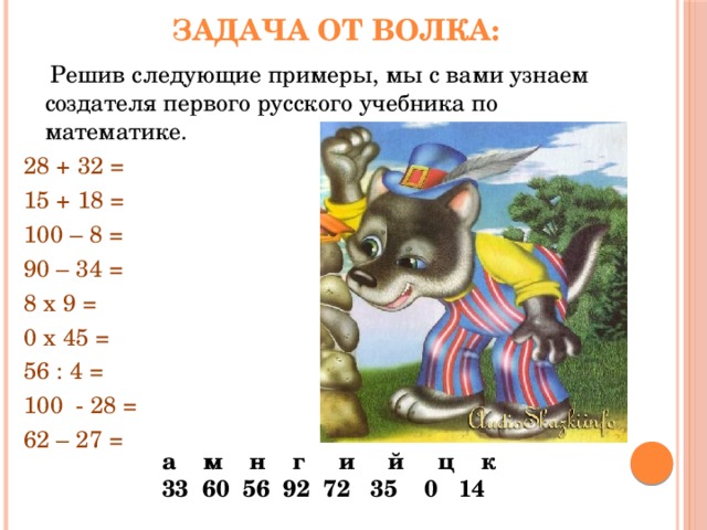 Задача от волка:  Решив следующие примеры, мы с вами узнаем создателя первого русского учебника по математике. 28 + 32 = 15 + 18 = 100 – 8 = 90 – 34 = 8 х 9 = 0 х 45 = 56 : 4 = 100 - 28 = 62 – 27 = а м н г и й ц к   33 60 56 92 72 35 0 14