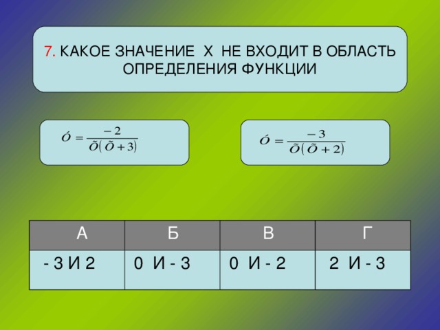 7. КАКОЕ ЗНАЧЕНИЕ Х НЕ ВХОДИТ В ОБЛАСТЬ ОПРЕДЕЛЕНИЯ ФУНКЦИИ  А  Б  - 3 И 2  В  0 И - 3  Г  0 И - 2  2 И - 3