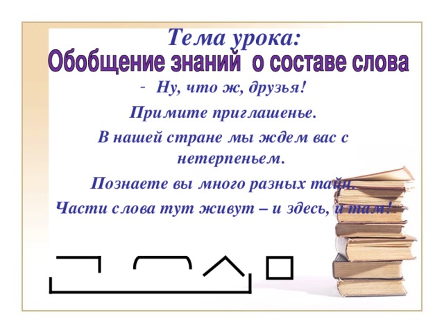 Тема урока: Ну, что ж, друзья! Примите приглашенье. В нашей стране мы ждем вас с нетерпеньем. Познаете вы много разных тайн. Части слова тут живут – и здесь, и там!