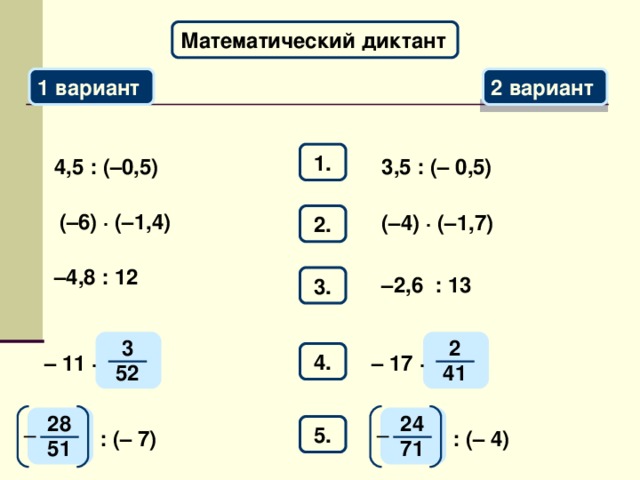 Математический диктант 1 вариант 2 вариант 1. 4,5 : (–0,5) 3,5 : (– 0,5) ( –6) · (–1,4) 2. (–4) · (–1,7) – 4,8 : 12 3. – 2,6 : 13 3 2 4. – 17 · – 11 · 41 52 28 24 5. – – : (– 4) : (– 7) 71 51