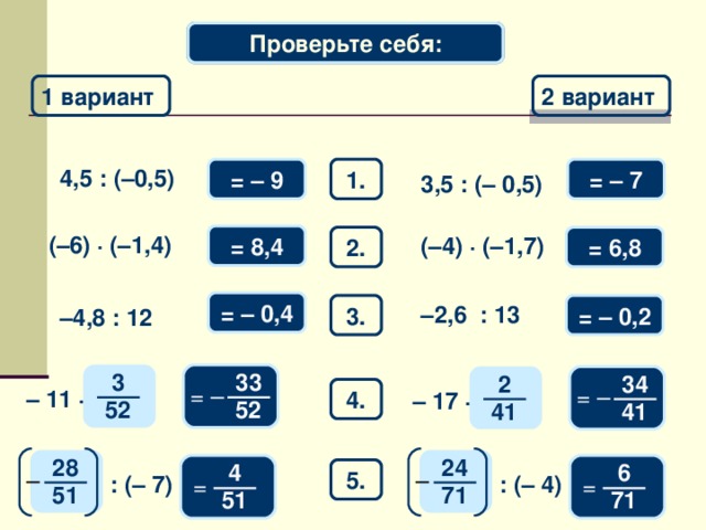Математический диктант Проверьте себя: 2 вариант 1 вариант = – 7 1. 4,5 : (–0,5) = – 9 3,5 : (– 0,5) ( –6) · (–1,4) = 8,4 2. (–4) · (–1,7) = 6,8 = – 0,4 = – 0,2 – 2,6 : 13 3. – 4,8 : 12 33 3 2 34 = – = – 4. – 11 · – 17 · 52 52 41 41 28 24 6 4 5. – – : (– 4) : (– 7) = = 51 71 51 71