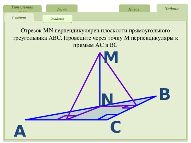 Задачи Новое Тема Титульный лист 1 задача 2задача Отрезок MN перпендикулярен плоскости прямоугольного треугольника АВС. Проведите через точку М перпендикуляры к прямым АС и ВС M B N C A