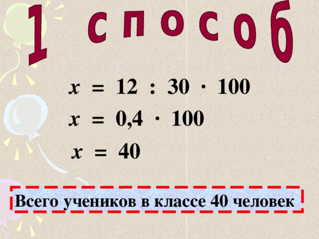 x   = 12  :  30  ·   100  x = 0,4  ·   100 x = 40 Всего учеников в классе 40 человек