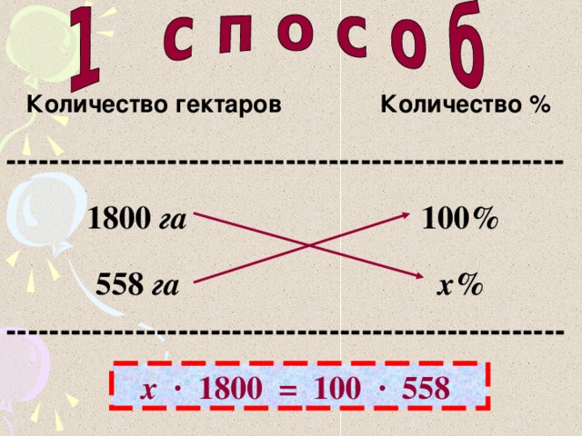 Количество гектаров  Количество % ----------------------------------------------------  1800 га 100% 558 га    x % ------------------------- -------- -------------------  x   · 1800 = 100  ·   558