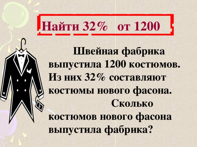   Найти 32% от 1200  Швейная фабрика выпустила 1200 костюмов. Из них 32% составляют костюмы нового фасона. Сколько костюмов нового фасона выпустила фабрика? 8