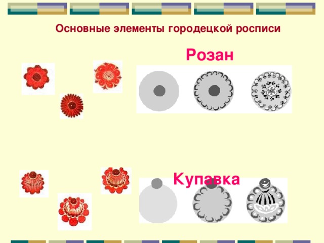 Основные элементы городецкой росписи Розан  Купавка