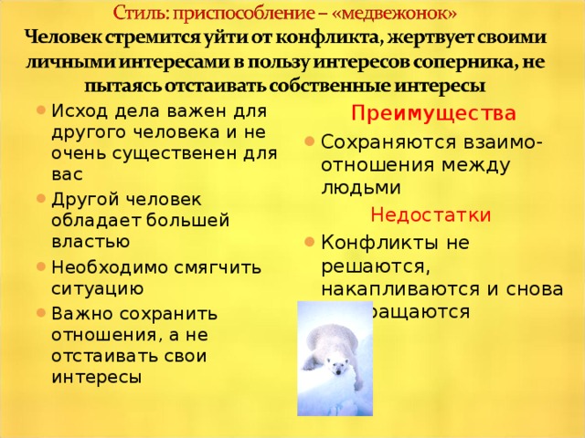 Исход дела важен для другого человека и не очень существенен для вас Другой человек обладает большей властью Необходимо смягчить ситуацию Важно сохранить отношения, а не отстаивать свои интересы  Преимущества Сохраняются взаимо-отношения между людьми Недостатки Конфликты не решаются, накапливаются и снова возвращаются