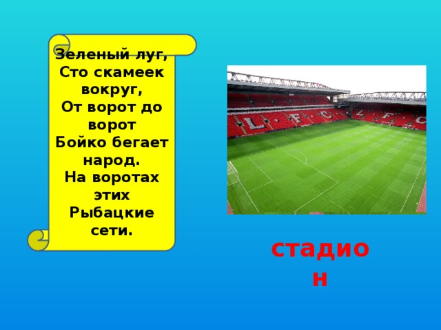 Зеленый луг,  Сто скамеек вокруг,  От ворот до ворот  Бойко бегает народ.  На воротах этих  Рыбацкие сети. стадион