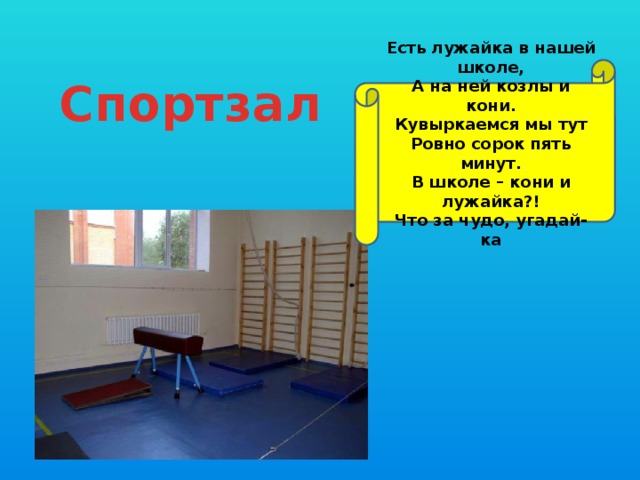 Есть лужайка в нашей школе,  А на ней козлы и кони.  Кувыркаемся мы тут  Ровно сорок пять минут.  В школе – кони и лужайка?!  Что за чудо, угадай-ка Спортзал