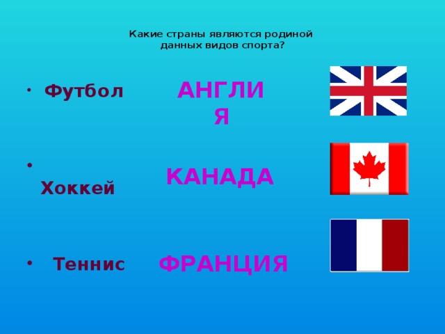 Какие страны являются родиной  данных видов спорта?   АНГЛИЯ  Футбол    Хоккей    Теннис КАНАДА ФРАНЦИЯ