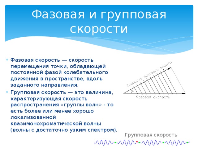 Фазовая и групповая скорости Фазовая скорость — скорость перемещения точки, обладающей постоянной фазой колебательного движения в пространстве, вдоль заданного направления. Групповая скорость — это величина, характеризующая скорость распространения «группы волн» - то есть более или менее хорошо локализованной квазимонохроматической волны (волны с достаточно узким спектром). Групповая скорость