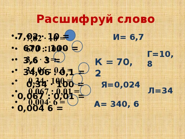 Расшифруй слово 7,02 ∙ 10 =  670 : 100 =  3,6 3 =  34,06 : 0,1 =  0,34 ∙ 100 = 0,067 : 0,01 = 0,004 6 =     И= 6,7 Г=10,8 К = 70, 2 Я=0,024 Л=34 А= 340, 6