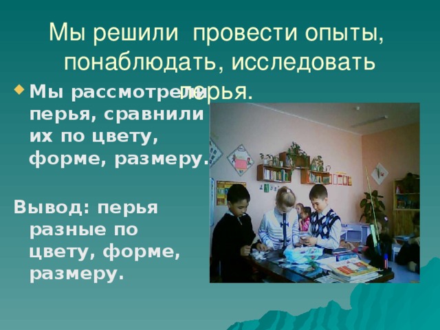 Мы решили провести опыты,  понаблюдать, исследовать перья. Мы рассмотрели перья, сравнили их по цвету, форме, размеру. Вывод: перья разные по цвету, форме, размеру.