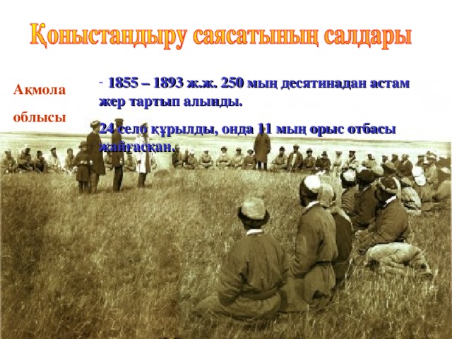 1855 – 1893 ж.ж. 250 мың десятинадан астам жер тартып алынды.