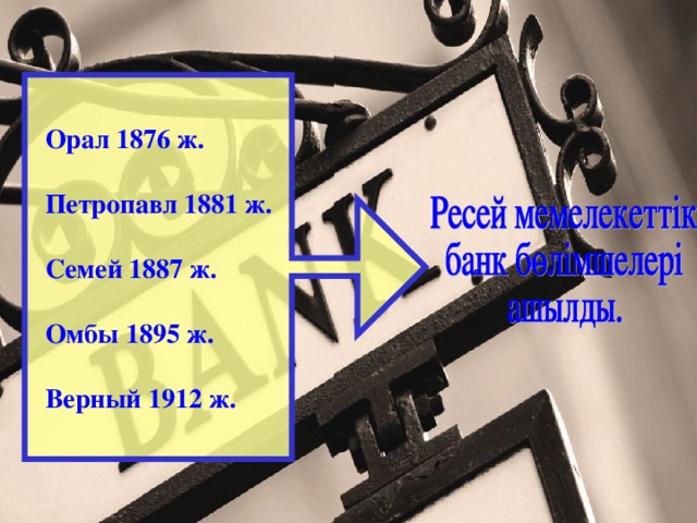 Орал 1876 ж.  Петропавл 1881 ж.  Семей 1887 ж.  Омбы 1895 ж.  Верный 1912 ж.