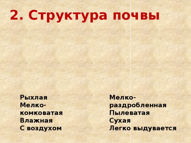 2. Структура почвы Рыхлая Мелко-раздробленная Мелко-комковатая Пылеватая Влажная Сухая С воздухом Легко выдувается