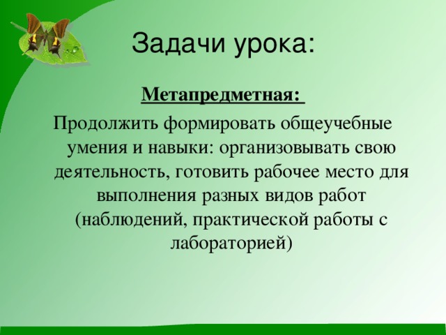 Задачи урока: Метапредметная: Продолжить формировать общеучебные умения и навыки: организовывать свою деятельность, готовить рабочее место для выполнения разных видов работ (наблюдений, практической работы с лабораторией)