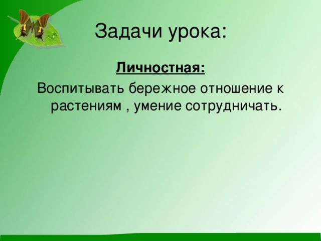 Задачи урока: Личностная: Воспитывать бережное отношение к растениям , умение сотрудничать.