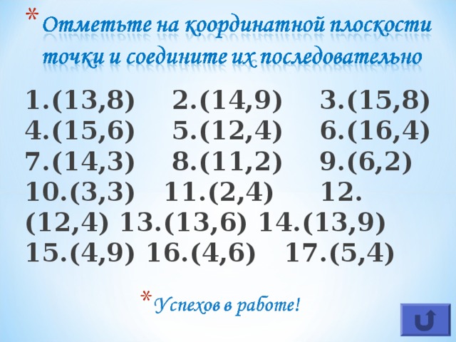 1.(13,8)  2.(14,9)  3.(15,8) 4.(15,6)  5.(12,4)  6.(16,4) 7.(14,3)  8.(11,2)  9.(6,2) 10.(3,3)  11.(2,4)  12.(12,4) 13.(13,6) 14.(13,9)  15.(4,9) 16.(4,6)  17.(5,4)