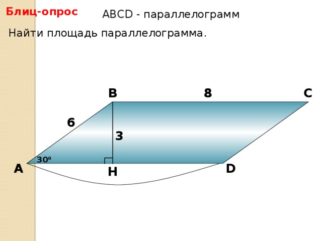 Блиц-опрос АBCD - параллелограмм Найти площадь параллелограмма. В С 8 8 6 3 30 0 А D H