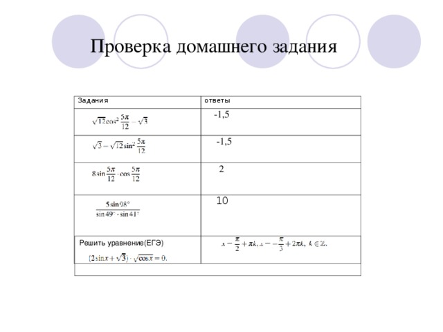 Проверка домашнего задания Задания ответы  -1,5  -1,5  2 10 Решить уравнение(ЕГЭ)