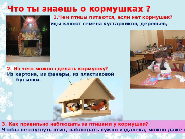 2. Из чего можно сделать кормушку? Из картона, из фанеры, из пластиковой бутылки. Что ты знаешь о кормушках ?  1.Чем птицы питаются, если нет кормушек?  Птицы клюют семена кустарников, деревьев, трав. 3. Как правильно наблюдать за птицами у кормушки? Чтобы не спугнуть птиц, наблюдать нужно издалека, можно даже из окна.