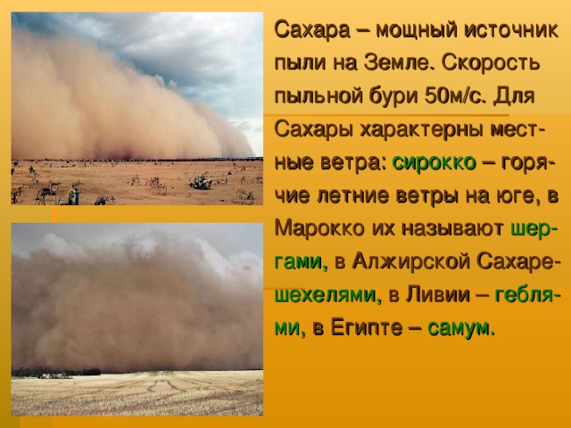 Сахара – мощный источник пыли на Земле. Скорость пыльной бури 50м/с. Для Сахары характерны мест- ные ветра: сирокко  – горя- чие летние ветры на юге, в Марокко их называют шер- гами,  в Алжирской Сахаре- шехелями,  в Ливии – гебля- ми,  в Египте – самум.