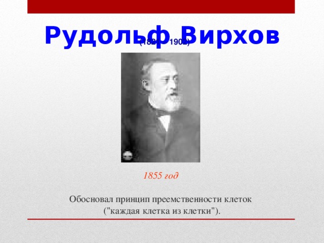 Рудольф Вирхов (1821 – 1902) 1855 год  Обосновал принцип преемственности клеток (