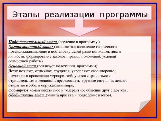 Этапы реализации программы Подготовительный этап: (введение в программу ) Организационный этап: (знакомство; выявление творческого потенциала;выявление и постановку целей развития коллектива и личности; формирование законов, правил, положений, условий совместной работы) Основной этап (реализует положения программы): Дети: познают, отдыхают, трудятся; укрепляют своё здоровье; помогают в проведении мероприятий; учатся справляться с отрицательными эмоциями, преодолевать трудные ситуации; делают открытия в себе, в окружающем мире, формируют коммуникативное и толерантное общение друг с другом . Обобщающий этап (защита проекта и подведение итогов).