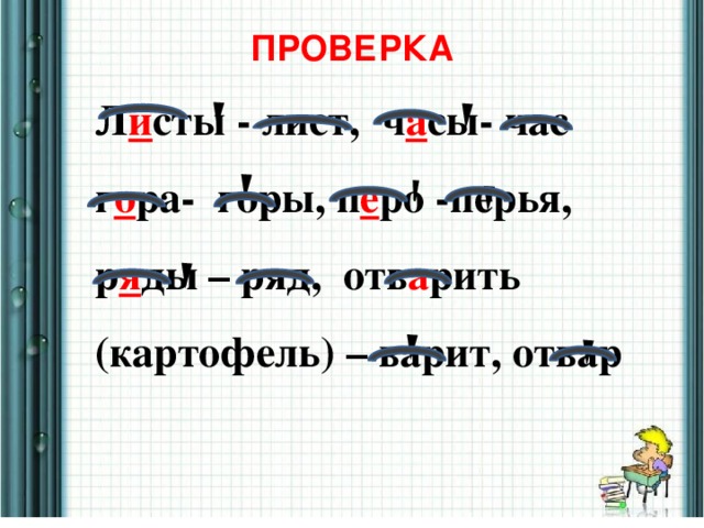 ПРОВЕРКА Л и сты - лист, ч а сы- час г о ра- горы, п е ро -перья, р я ды – ряд, отв а рить (картофель) – варит, отвар