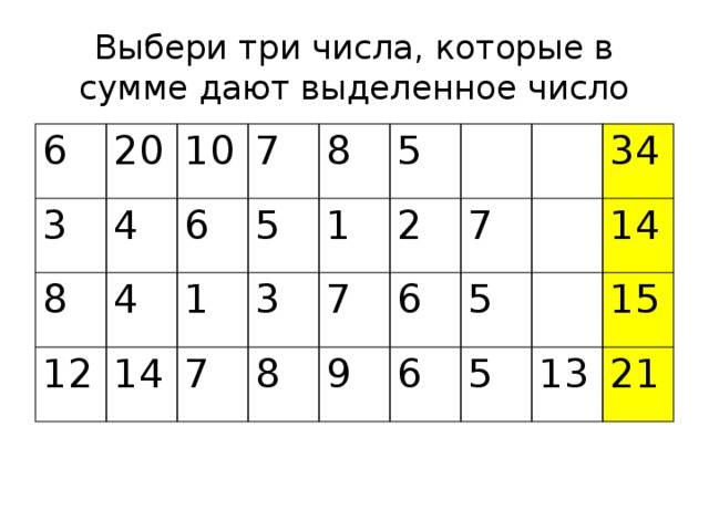 Выбери три числа, которые в сумме дают выделенное число 6 20 3 4 8 10 7 4 6 12 8 5 14 1 5 3 1 7 7 2 8 6 7 9 34 5 6 14 5 15 13 21