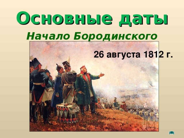 Основные даты Начало Бородинского сражения 26 августа 1812 г.