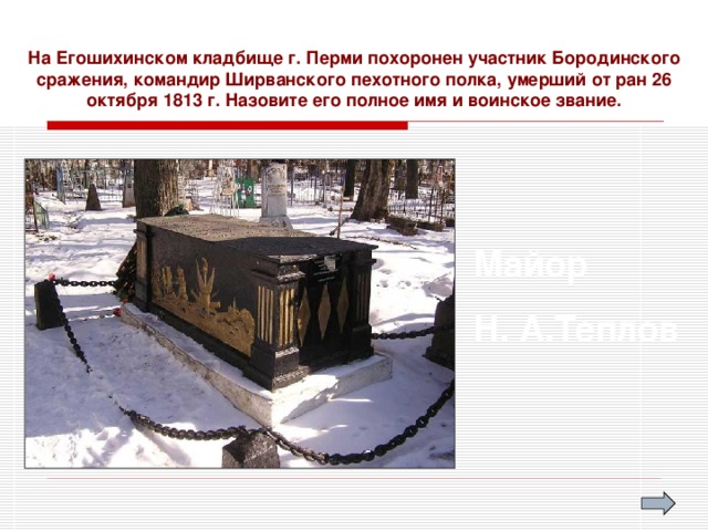 На Егошихинском кладбище г. Перми похоронен участник Бородинского сражения, командир Ширванского пехотного полка, умерший от ран 26 октября 1813 г. Назовите его полное имя и воинское звание. Майор Н. А.Теплов